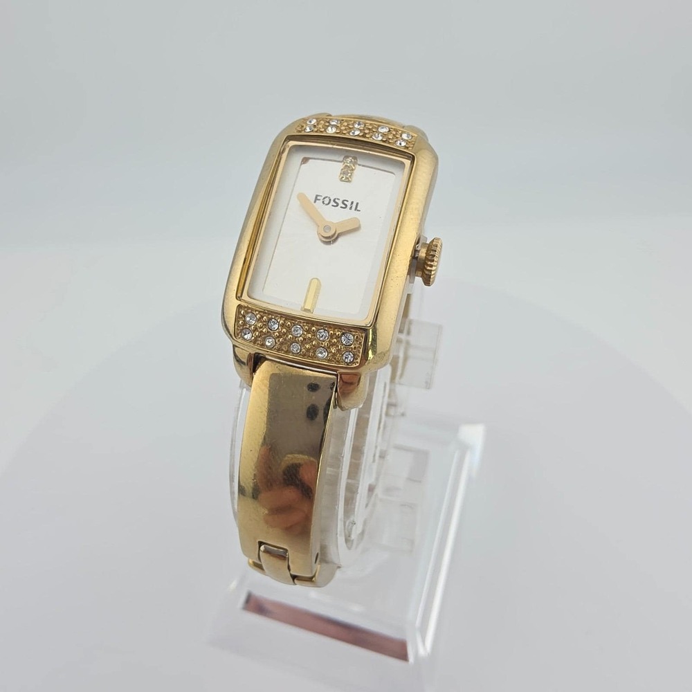 Vintage FOSSIL Ladies Tank Watch Crystal Accents Bar Link Band Gold Plate 5.75"
